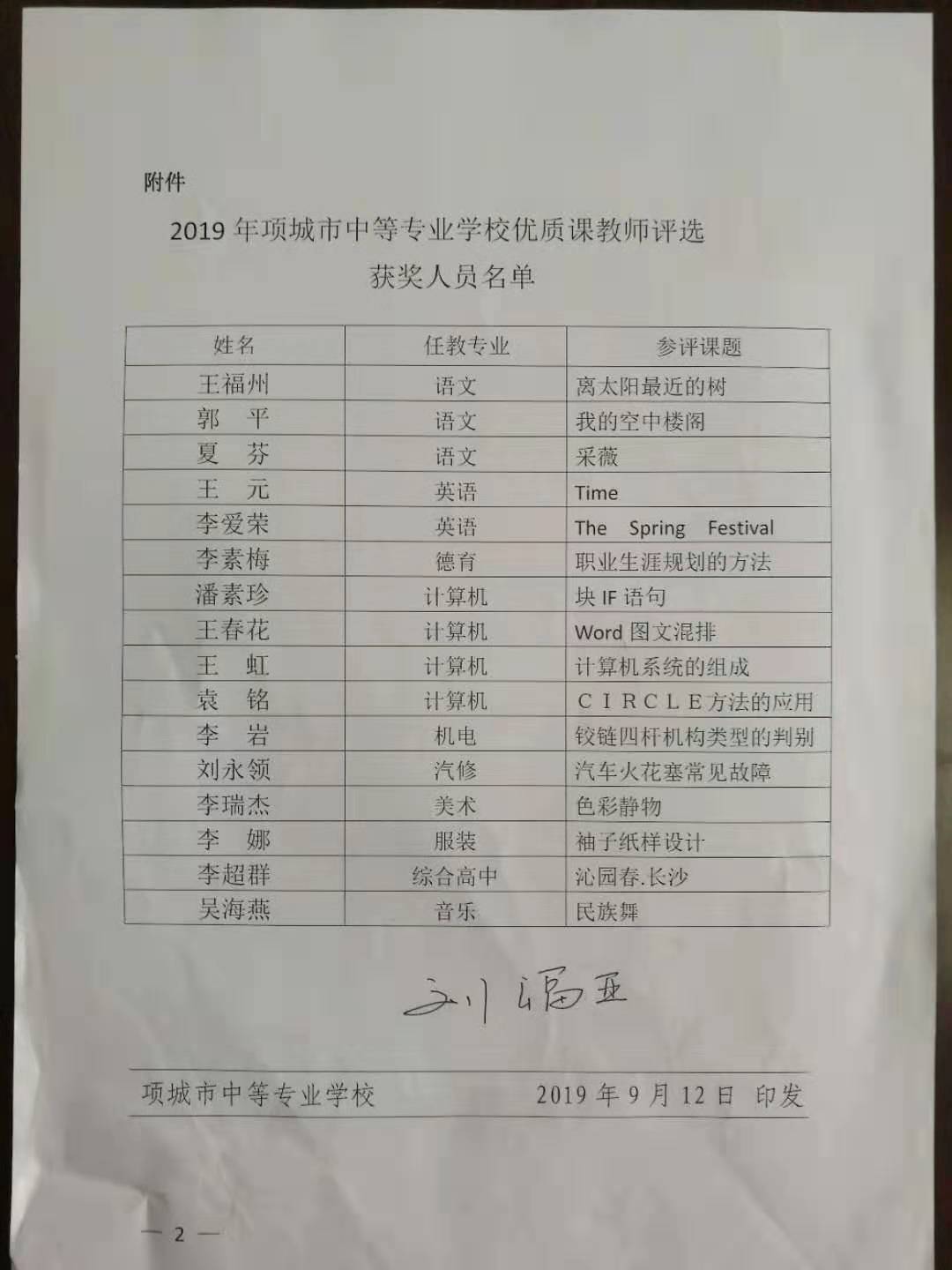 半岛网页版关于公布2019年校级优质课教师评选结果的通知